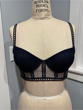 Undiz Lace and Mesh Longline Bralette in Navy 32B